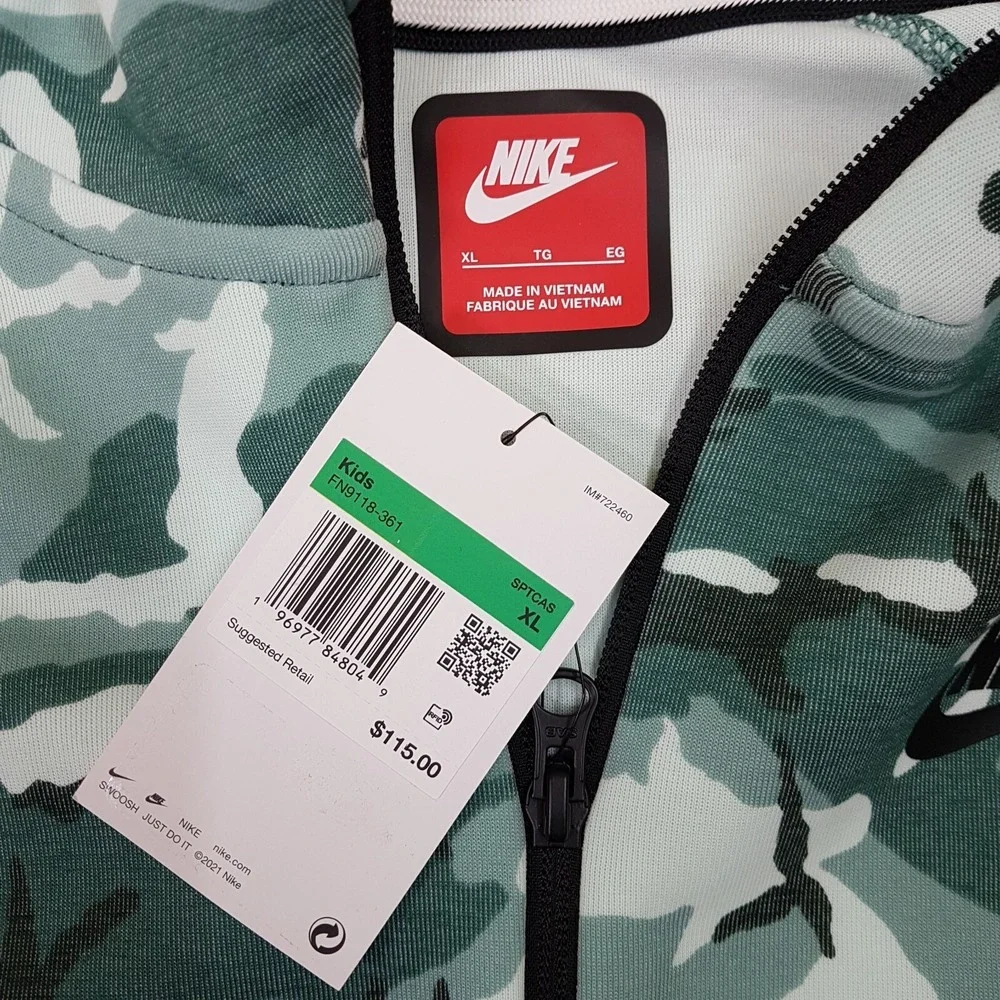 NIKE Tech Pach Fleece Full Zip Hoodie Jacket‎ Kids Youth Boys XL Camo Green